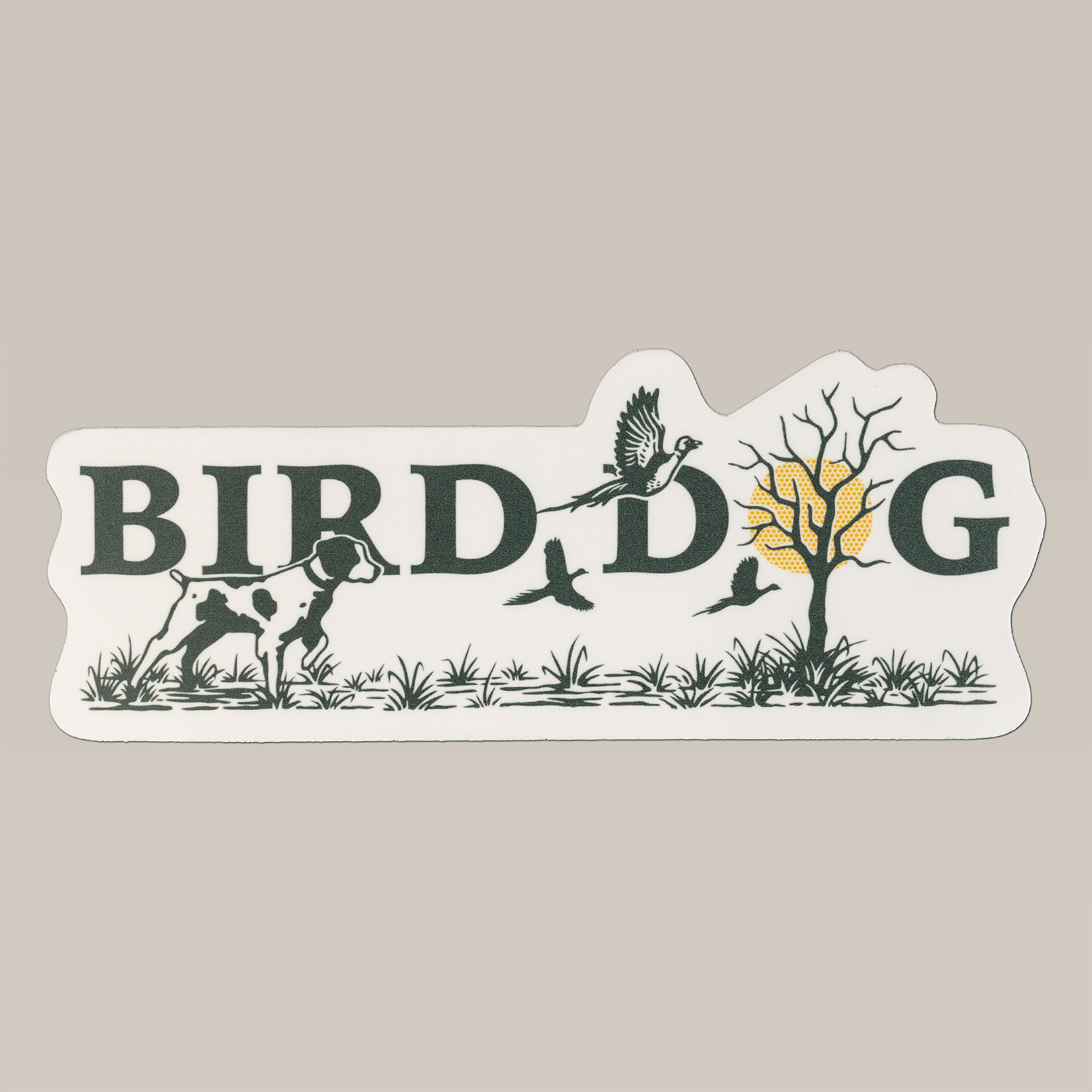 Show your upland hunting pride with the Upland Morning Shop Sticker by Ballad of the Bird Dog, featuring "BIRD DOG" text, a dog, birds in flight, tree details, and grass—ideal for bird hunters and outdoor enthusiasts.