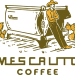 Shop Stickers | Mescalito Coffee by Mescalito Coffee features a cowboy leaning on a large coffee pot with cacti, ideal for adding unique small-town coffee shop vibes to your gear or apparel.