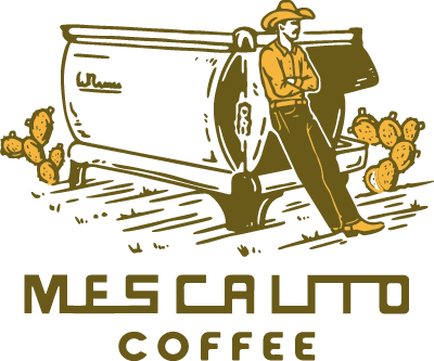 A cowboy in a hat leans on a coffee bean roaster beside cacti, evoking small town charm; "Mescalito Coffee" appears beneath. Shop Stickers | Mescalito Coffee by Mescalito Coffee.