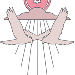The Shop Stickers from Mescalito Coffee feature two stylized birds facing each other beneath a pink sun and cloud, ideal for adding charm to coffee shop apparel or showcasing your love for Mescalito Coffee.