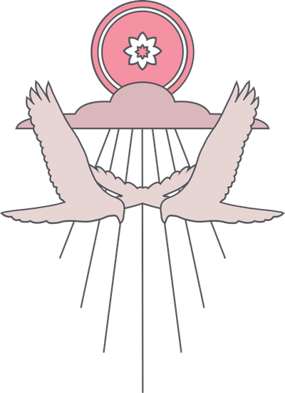 The Shop Stickers | Mescalito Coffee from Mescalito Coffee feature two pink birds under a sun and flower motif—a charming design ideal for small town coffee shop décor or unique coffee shop merchandise.