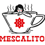 Shop Stickers | Mescalito Coffee features an illustration of a woman relaxing in a steaming teacup with a red flower design and "MESCALITO" in bold below—ideal for fans of small town coffee shop vibes from Mescalito Coffee.