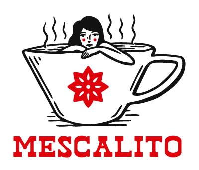 Charming “Shop Stickers | Mescalito Coffee” from Mescalito Coffee feature a woman relaxing in a steaming teacup with a red flower and bold “MESCALITO”—the perfect unique touch for any coffee shop or fan of cozy café designs.