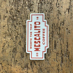 Shop Stickers | Mescalito Coffee from Mescalito Coffee features a rectangular red-and-white "WORTH THE TRIP 2018 MESCALITO COFFEE" design—ideal for fans of unique small-town coffee shop merchandise or fresh sticker designs.