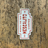 The Shop Stickers | Mescalito Coffee by Mescalito Coffee feature red "WORTH THE TRIP MESCALITO COFFEE" text on a wood-textured background—ideal for small town coffee shop fans.