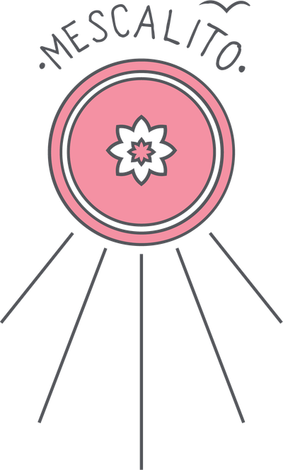 Minimalist Shop Stickers by Mescalito Coffee feature a pink circle with a white stylized flower, radiating lines, "MESCALITO" above, and a bird outline—ideal for coffee shop merchandise or small town coffee shop décor.