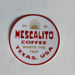 Mescalito Coffee's Shop Stickers feature red and gold text "Worth the Trip, Texas, USA," a sun graphic, and 2018—perfect collectible decor for small town coffee lovers.