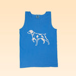 The Shop Tank | Pointer by Ballad of the Bird Dog is a blue heavyweight Comfort Colors tank featuring a white outlined bird dog with heart-shaped spots, shown on a light peach background.
