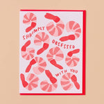 The “Shrimply Obsessed With You” card by And Here We Are features playful shrimp illustrations and a fun message on a pink background—an ideal handmade greeting for anyone who loves puns and unique cards.