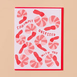 The “Shrimply Obsessed With You” card by And Here We Are features playful shrimp illustrations and a fun message on a pink background—an ideal handmade greeting for anyone who loves puns and unique cards.