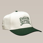 White Bird Dog Series Hat | English Setter baseball cap with a dark green brim and “English Setter” embroidered in dark green on the front.