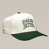 White Bird Dog Series Hat | English Setter baseball cap with a dark green brim and “English Setter” embroidered in dark green on the front.
