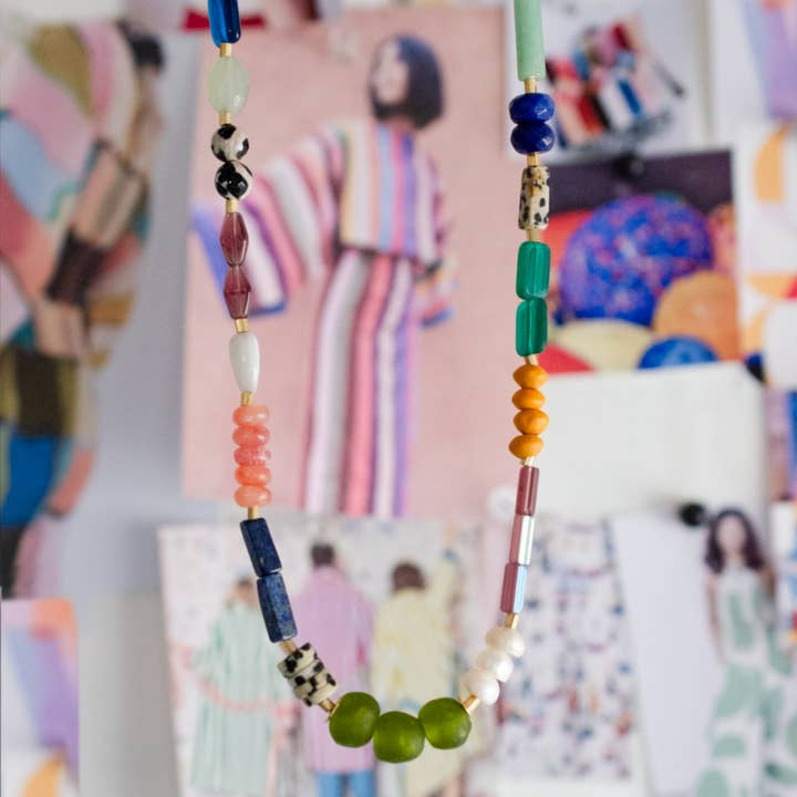 Colorful Sierra Beaded Necklace Hanging On String | Jill Makes