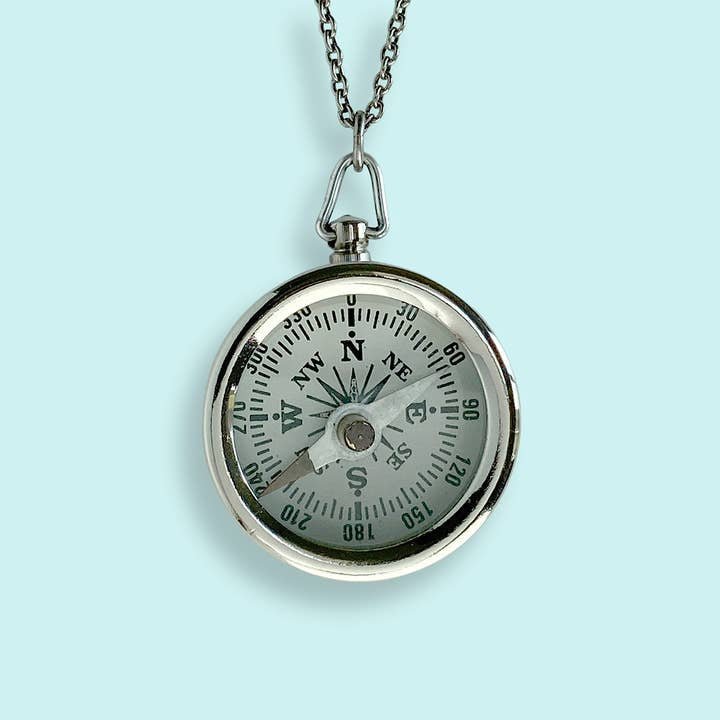 The Silver Compass Necklace by Ornamental Things features a working silver compass pendant on a long chain, shown against a light blue background.