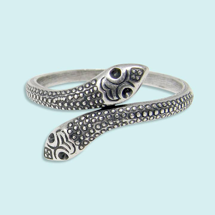 The Silver Snake Ring by Ornamental Things features two intertwined snakes with engraved patterns and textured details, shown on a light blue background.