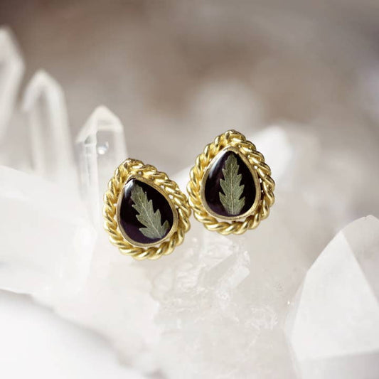 Small Pressed Fern Teardrop Earrings Black Enamel | Cameoko