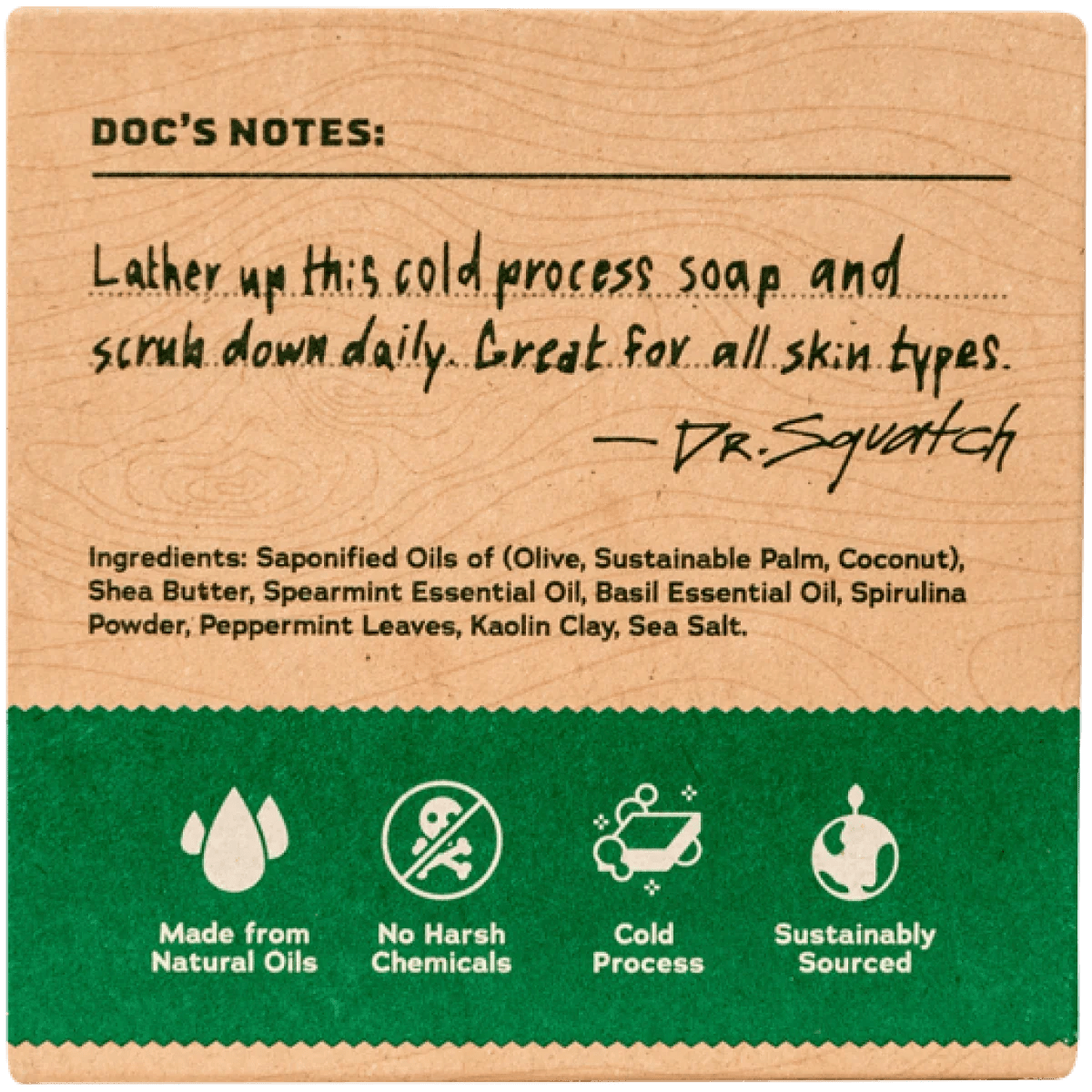 Back of Dr. Squatch Spearmint Basil Soap packaging with usage instructions, ingredients, and icons for natural oils, no harsh chemicals, cold process, and sustainable sourcing—awaken your senses with this minted bar.