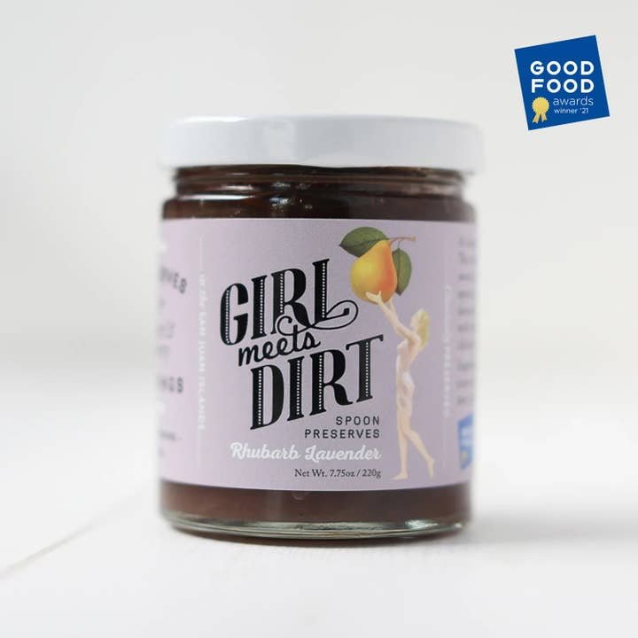A jar of Girl Meets Dirt Spoon Preserves sits beside a Good Food Awards 2021 winner badge, highlighting this artisanal product.