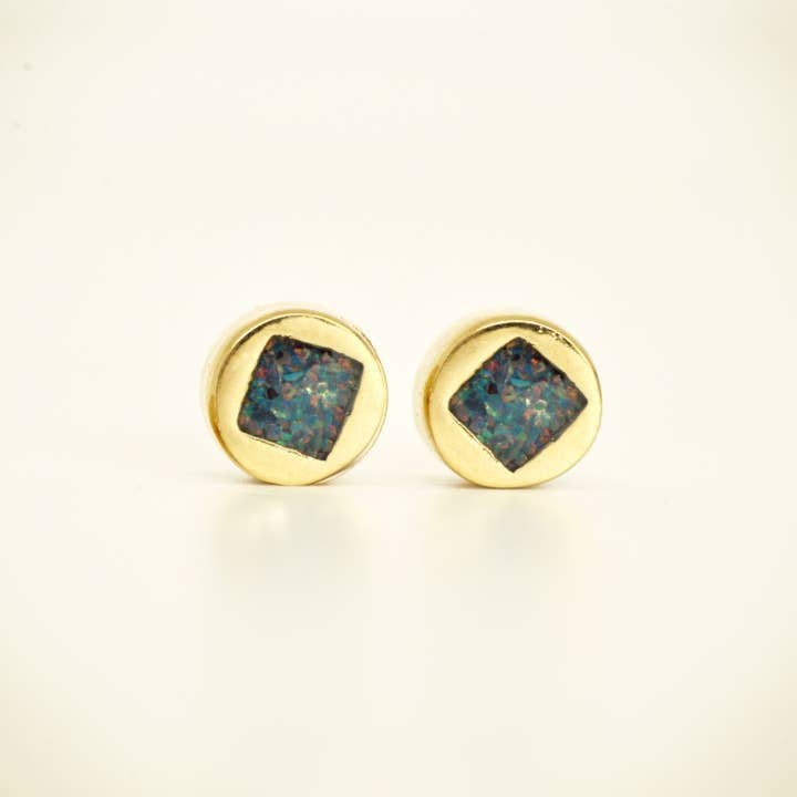 Square Opal Inlay Vintage Design Gold Post Earrings | Cameoko
