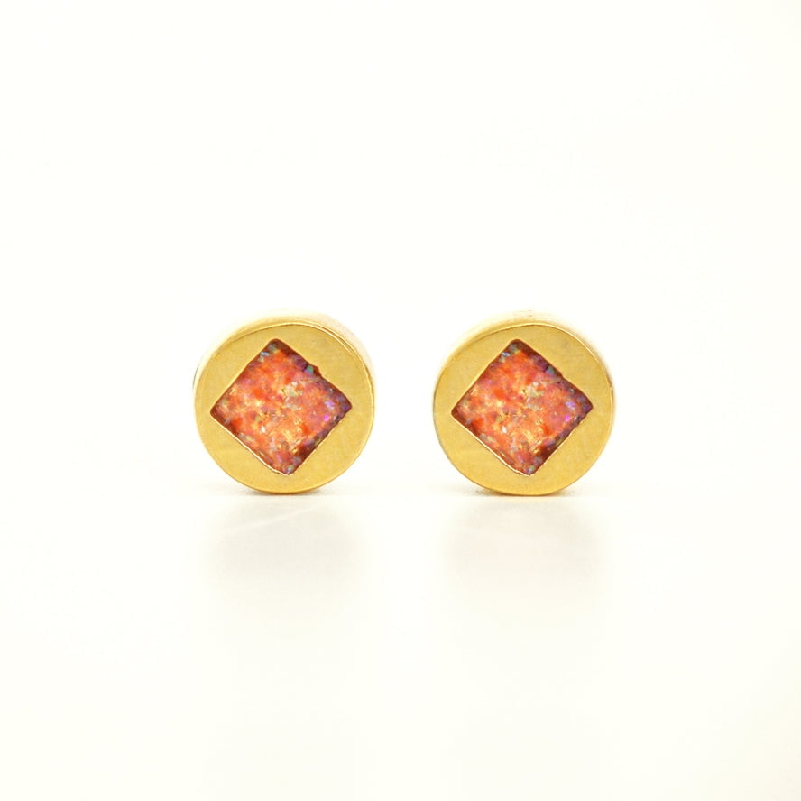 Square Opal Inlay Vintage Design Gold Post Earrings | Cameoko