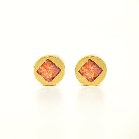 Square Opal Inlay Vintage Design Gold Post Earrings | Cameoko