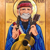 St. Willie by Matt Tumlinson captures an older man with braided hair, headband, guitar, and joint, styled as a religious icon with "Willie of Texas" above—an eye-catching fine art gallery piece from Matt Tumlinson.
