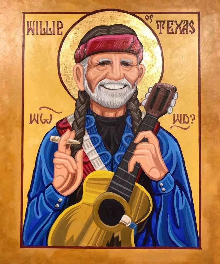 St. Willie by Matt Tumlinson depicts a man with braids, guitar, joint, red headband, and gold halo. Text reads "Willie of Texas" and "WWWD?"—a fine art piece by Texas artist Matt Tumlinson.