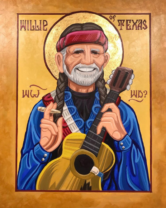 St. Willie | Art by Matt Tumlinson: A painting of Willie Nelson as a saint with guitar and joint, gold halo, and “Willie of Texas” & “WWWD?” text on yellow—by Texas artist Matt Tumlinson. Popular in fine art galleries.