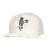 The Stick Horse Hat by Sendero Provisions Co. is a white baseball cap with an embroidered cowboy holding a stick horse—perfect for fans of cowboy toys and kids’ pretend play.