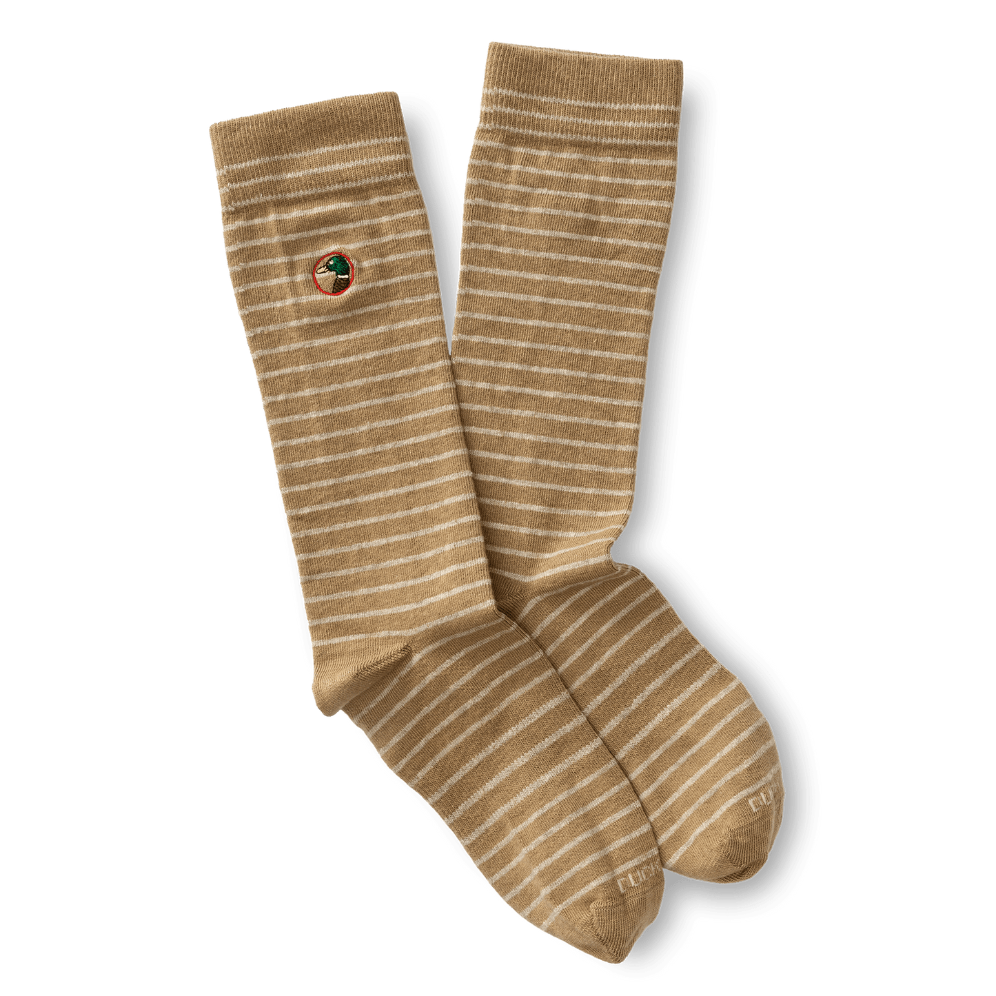 The Duck Head Striped Logo Sock features tan and white stripes, a small embroidered Duck Head logo near the top, and is made in the USA.