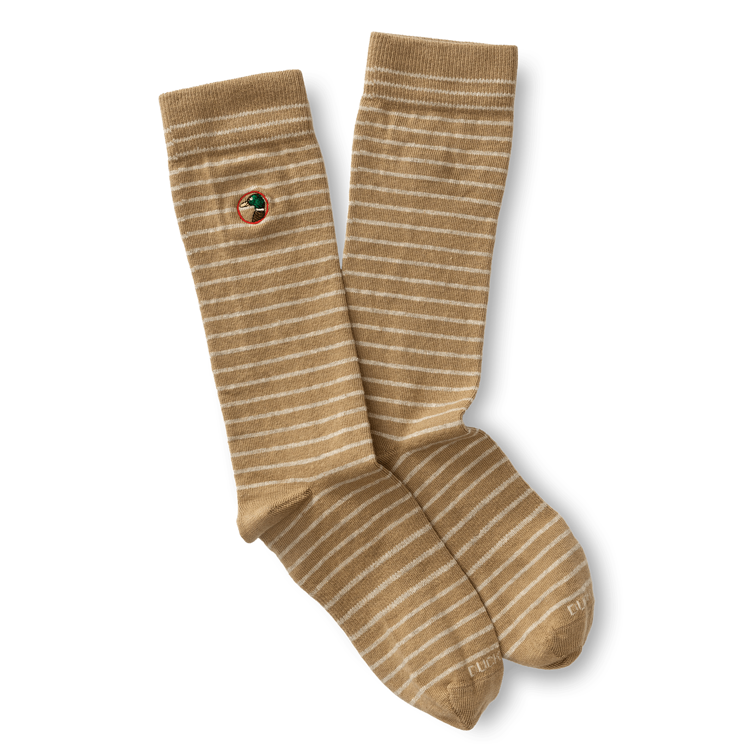 The Duck Head Striped Logo Sock features tan and white stripes, a small embroidered Duck Head logo near the top, and is made in the USA.