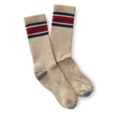 The Striped Sock by Duck Head is a beige pair with blue and red stripes at the top, plus gray toes and heels, shown on a white background.