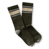 A pair of Duck Head Striped Socks in dark green with beige and gray top stripes, plus gray heels and toes, shown side by side on a white background.