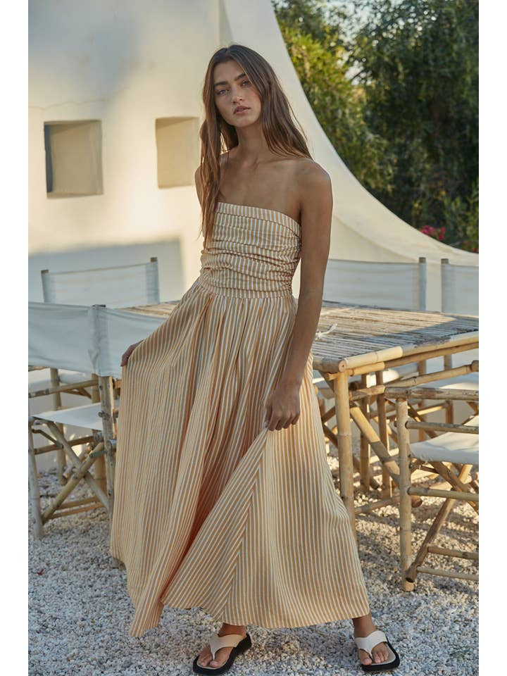 Striped Tube Neck Strapless Flare Maxi Dress | By Together