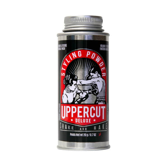 Uppercut Deluxe Styling Powder comes in a silver canister with a black and red label featuring two boxers, offering men a natural, matte finish for their hair.