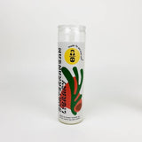 The Subterranean Library Intention Candle by Art Over Order is a handmade soy wax prayer candle in a tall glass jar with abstract green and red designs, labeled with its name and made in Tucson, AZ.