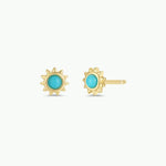 JaxKelly Sun Stud Earrings feature 18K gold plating with a round turquoise center and are tarnish free. These Amber sun style earrings by JaxKelly are shown against a plain white background.