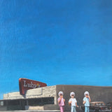 Three women in pastel outfits and white hats stand before a Luby's restaurant and vintage car beneath a blue sky in "Sunday Lunch," a fine art print by Texas artist Matt Tumlinson.