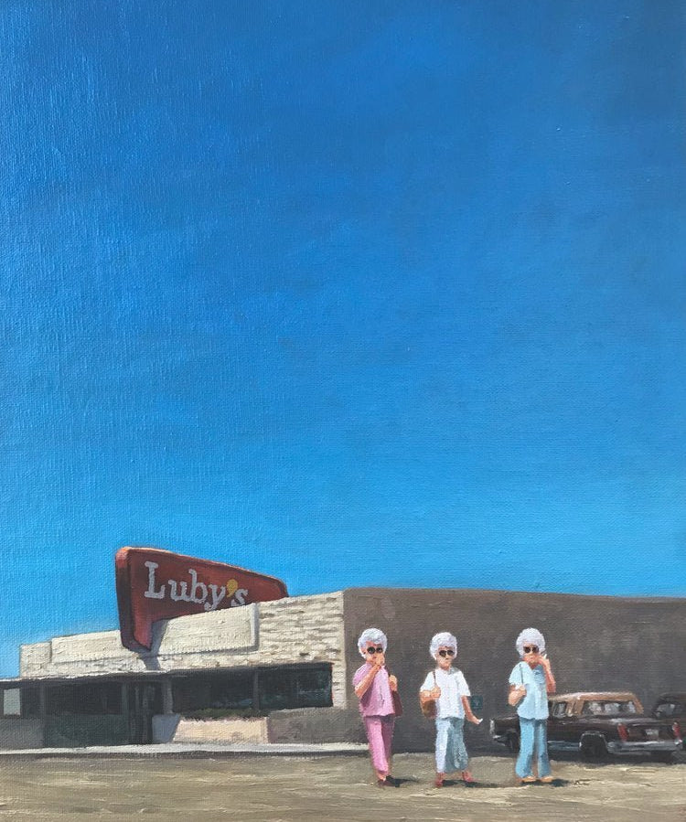 Three women in pastel outfits and white hats stand before a Luby's restaurant and vintage car beneath a blue sky in "Sunday Lunch," a fine art print by Texas artist Matt Tumlinson.