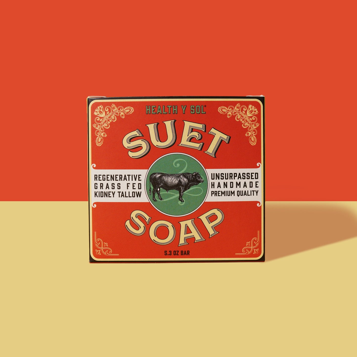 Health y Sol Tallow Soap features a vintage-style box with a cow illustration, highlighting regenerative grass-fed kidney tallow and all-natural ingredients to help reduce acne.