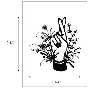 The Jenni Earle Temporary Tattoos feature a black and white hand with crossed fingers amid foliage, evoking a Western feel. Non-toxic and sized 2.25"x2.25", dimensions shown by arrows. Brand: Jenni Earle.