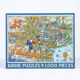 The Texas 1,000 Piece Puzzle by Birdie Puzzles features a vibrant illustrated Texas map with landmarks and cities—perfect for puzzle lovers or as a Texas gift.