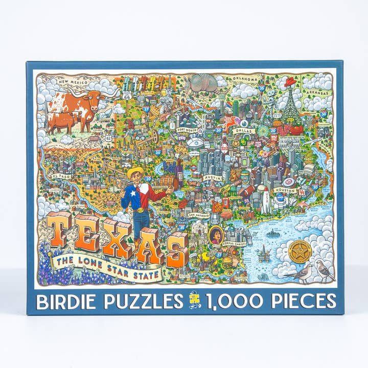 The Texas 1,000 Piece Puzzle by Birdie Puzzles features a vibrant illustrated Texas map with landmarks and cities—perfect for puzzle lovers or as a Texas gift.