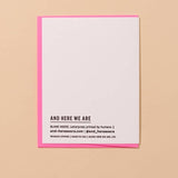 The "Thank Ye Kindly Ma'am" letterpress card by And Here We Are features pink edges, reads "AND HERE WE ARE," and is woman-owned, made in the USA—perfect as a girly cowboy card on beige.