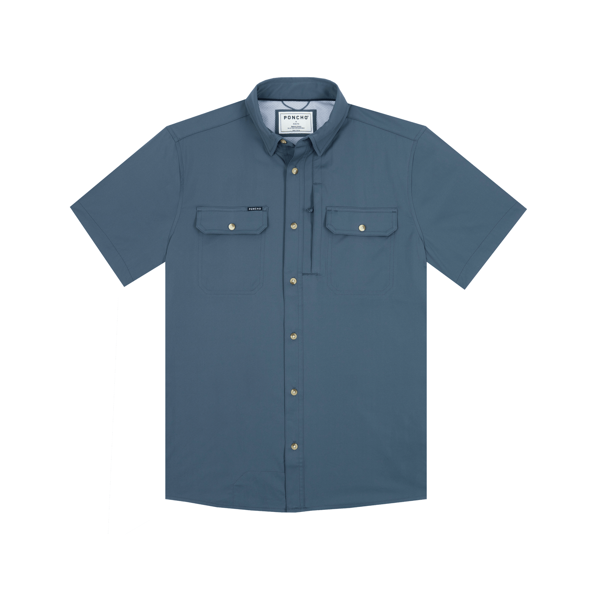 The Ahi by Poncho: a blue, short-sleeve, button-up quick-dry shirt with a collar and two chest pockets, shown on a plain white background.