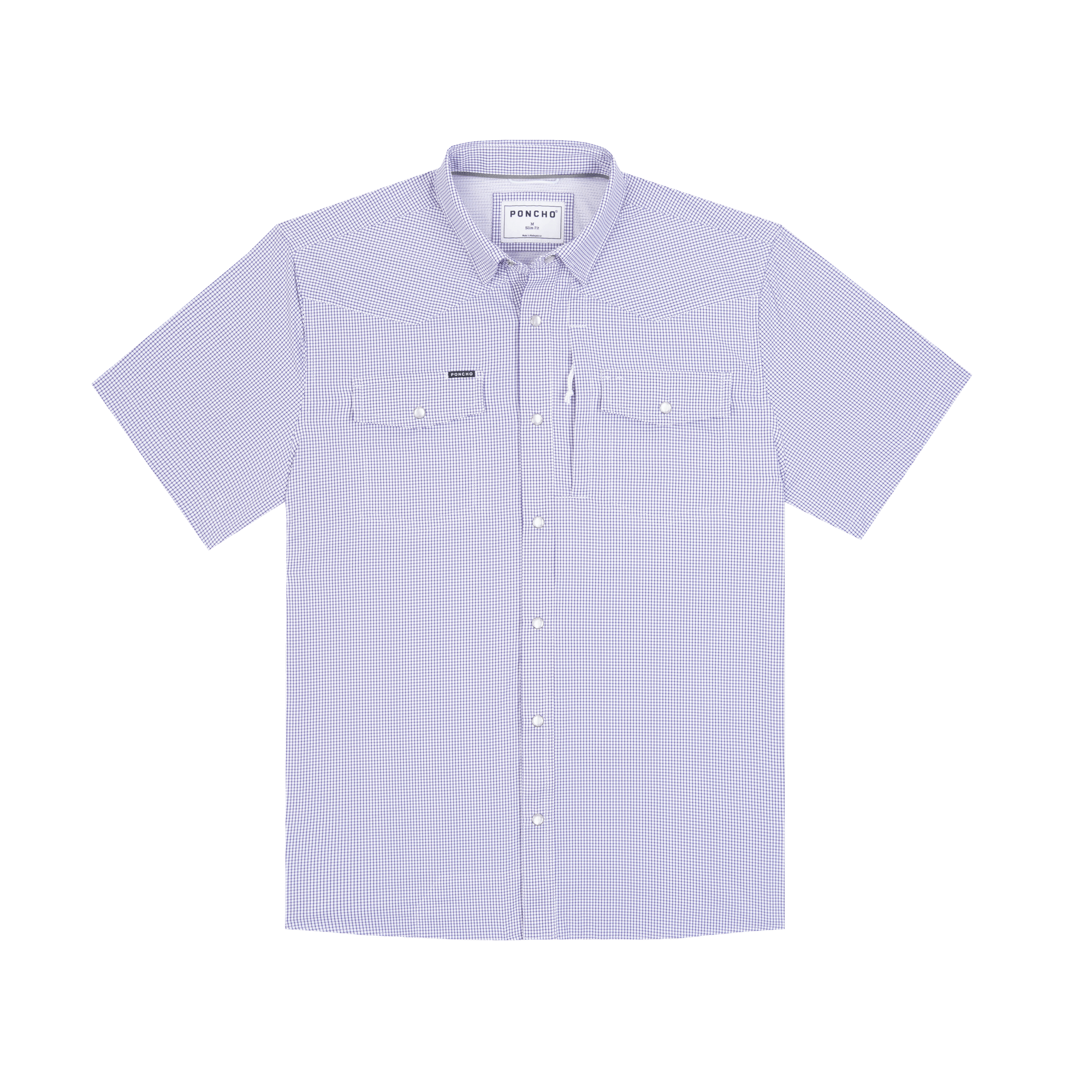 The Carter | Poncho by Poncho: light purple short-sleeve western shirt with two chest pockets and a small "French" label on the left, made from breathable fabric, shown laid flat on a white background.