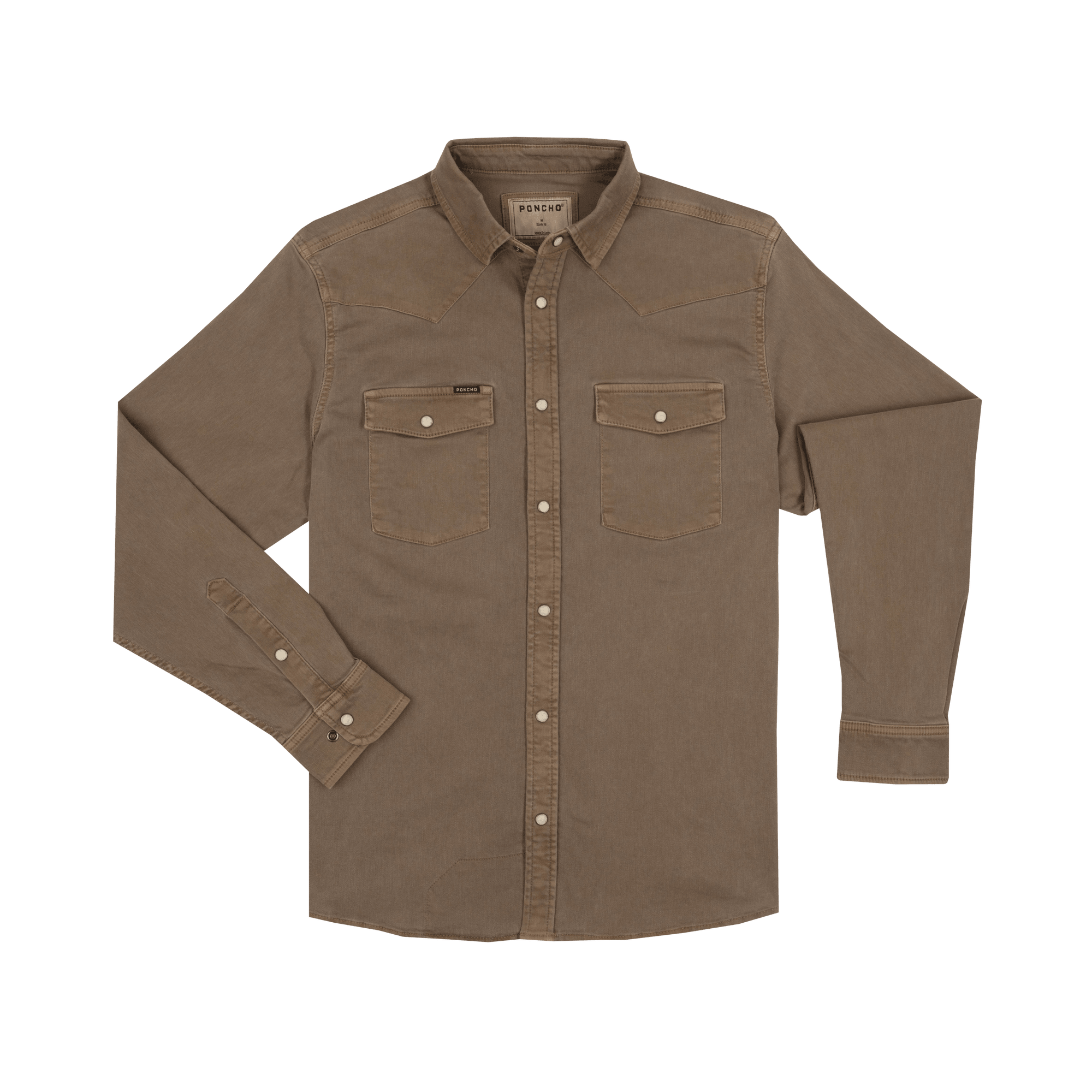 The Cotulla | Poncho by Poncho is a western-inspired khaki long-sleeve button-up shirt with two front chest pockets, buttoned cuffs, and a pointed collar, shown laid flat on a white background.