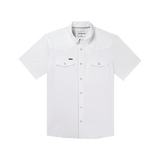 The Del Rio | Poncho by Poncho is a white, short-sleeve western button-up with two chest pockets and a straight collar, crafted from breathable fabric and shown on a plain white background.