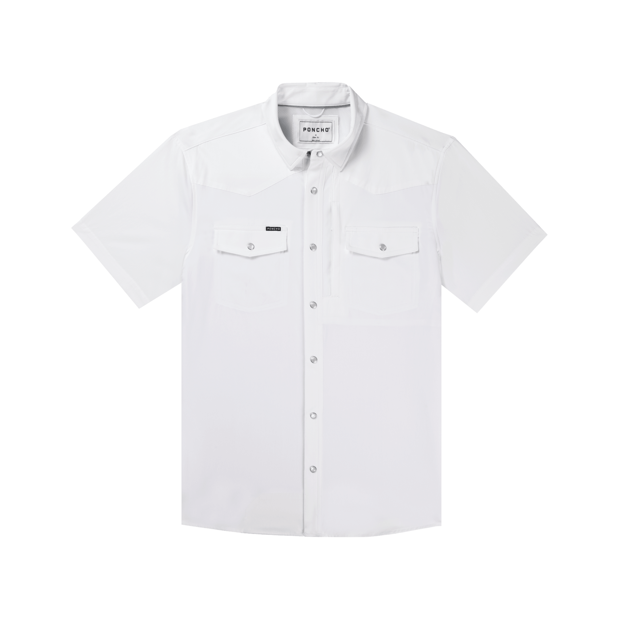 The Del Rio | Poncho by Poncho is a white, short-sleeve western button-up with two chest pockets and a straight collar, crafted from breathable fabric and shown on a plain white background.