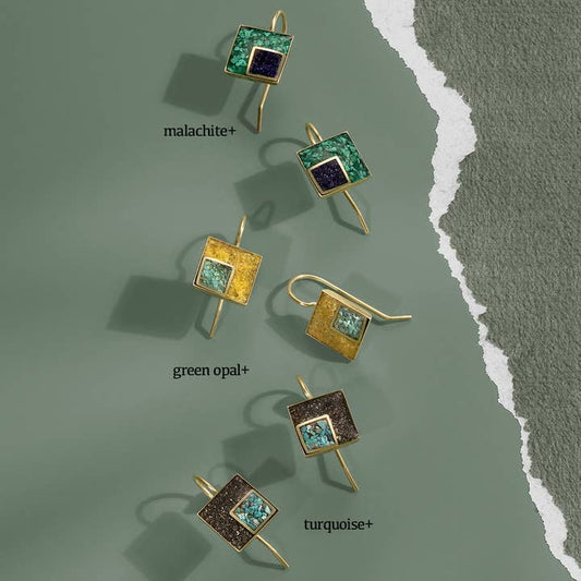 Three pairs of The Echo Square Earrings Gemstone Inlay by cameoko are shown on a green background, featuring malachite, green opal, and turquoise stones, each pair labeled with its gemstone.